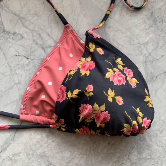 Other - Reversible Tie Bikini Top / Floral / Dotted Salmon Pink